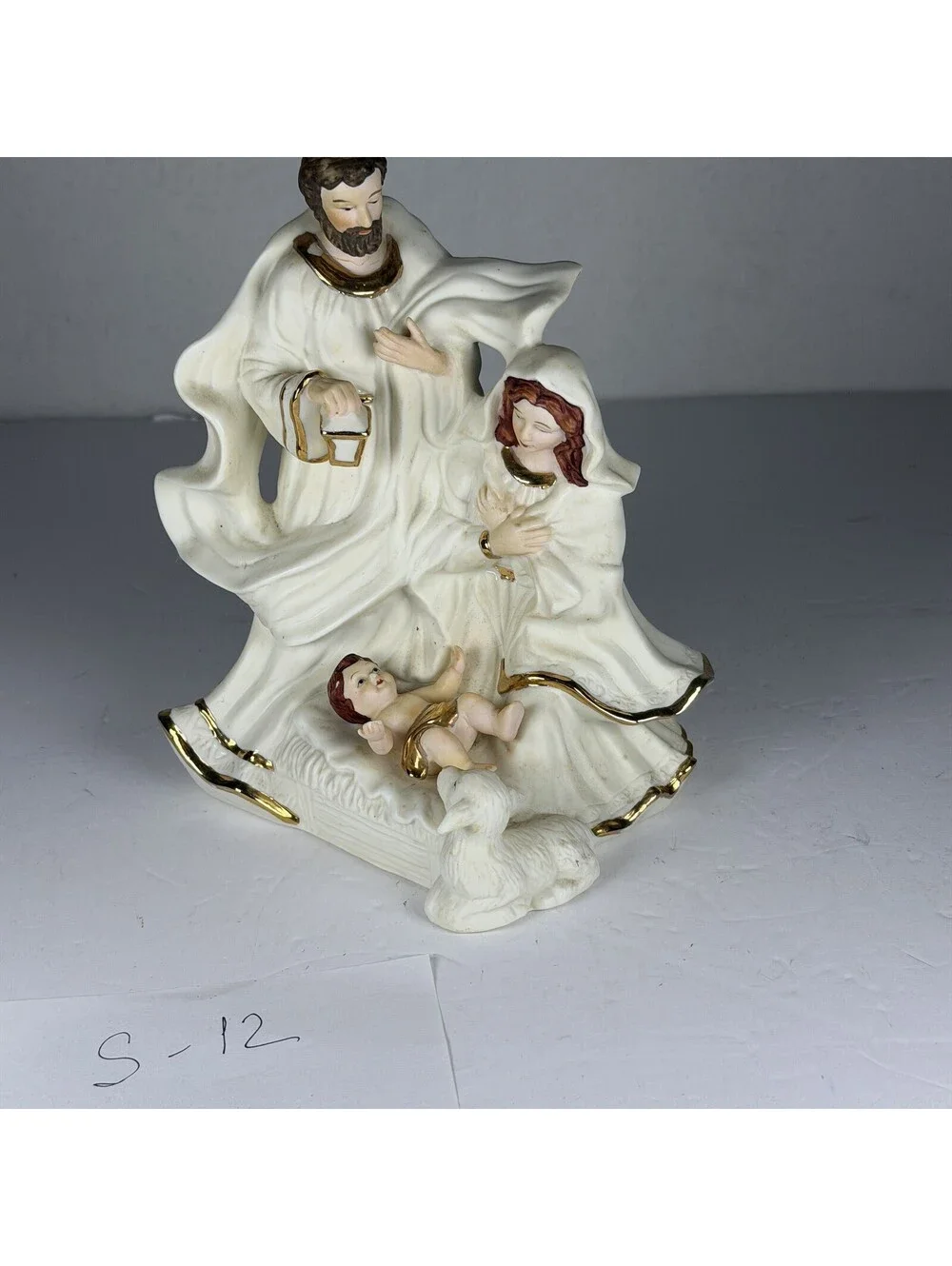 Vintage Enesco Porcelain Nativity Figurine Holy Family Gold Trim S-12